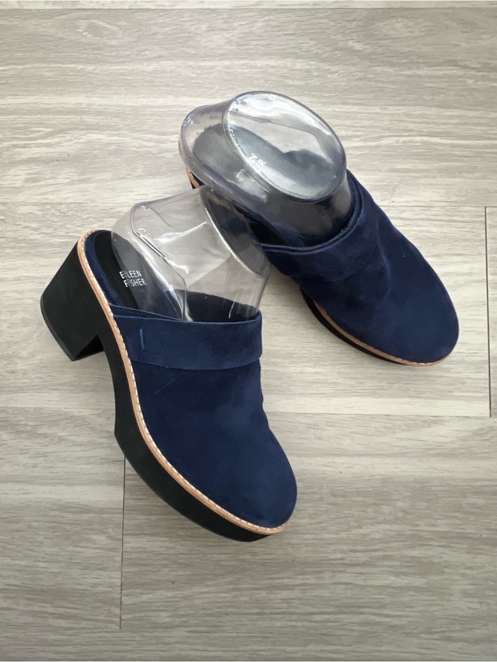 Eileen Fisher Navy Blue Suede Platform Mule Clogs Heels Size 7.5M